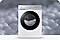 Samsung washing machine seen from the front with laundry inside. Behind it is a close-up of bubble texture.