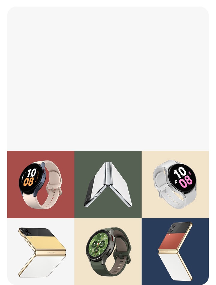 A 6-panel grid showcasing different color combinations of Galaxy Watches and Galaxy Z Flip phones.