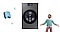 Bespoke Laundry Combo is centered, surrounded by a blue bookmark icon and several very small circular icons arranged decoratively. To the right is the upper body of a stylish male character with arms spread wide in a welcoming gesture.