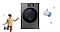 Bespoke Washer is centered, surrounded by a large 3D icon of a white thumbs-up hand with a blue sleeve and small light blue circular icons arranged decoratively. On the left side is the upper body of a young male character in a playful pose with one leg lifted.