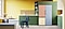 A Satin Sky Blue Bespoke 1-door refrigerator and a 2-door Bespoke refrigerator with a Clean Peach top and Clean Vanilla bottom are built into a green cabinet in a colorfully decorated kitchen.