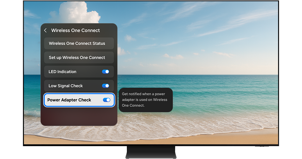 Power Adapter Check menu highlighted on the TV screen.