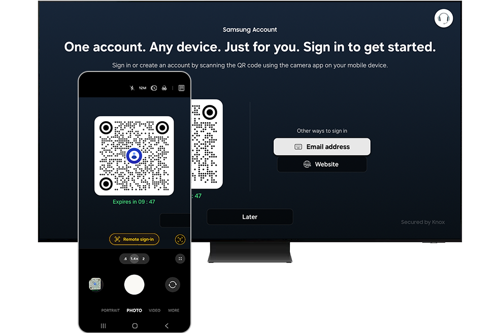 Mobile phone scanning the QR code on the TV screen.