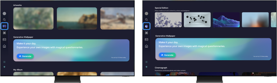 Left screen shows the Samsung Smart TV sidebar with the Art icon selected, and the right screen shows the sidebar with the Ambient icon selected.