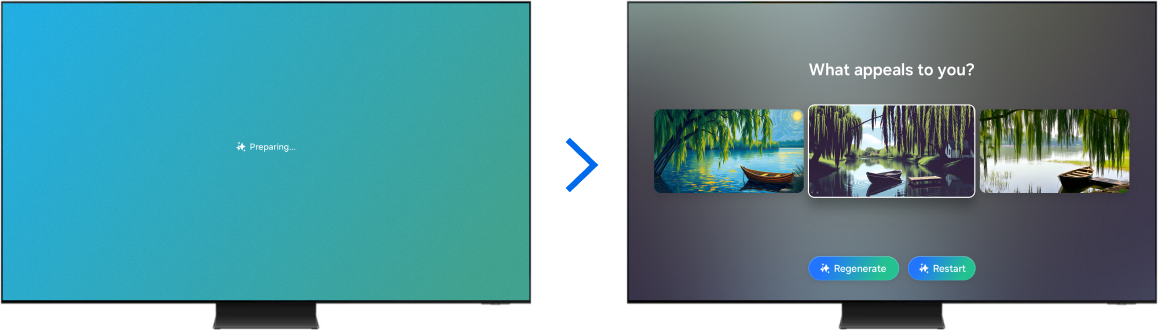 Left shows a Samsung Smart TV generating an image. Right displays three images that were generated.