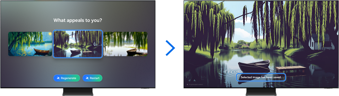 The left TV screen shows three background image options and the right TV screen has the selected image in full screen with a message confirming that the background is saved.
