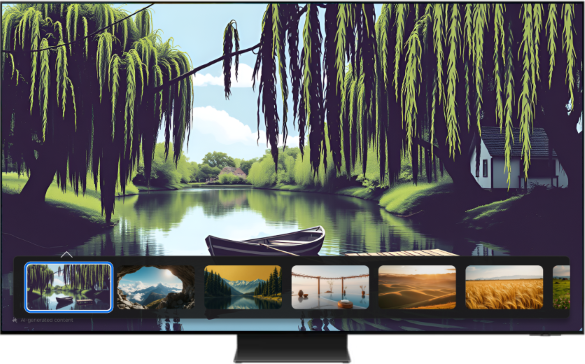 Samsung Smart TV screen showing a selected image with multiple saved images displayed in a row at the bottom.