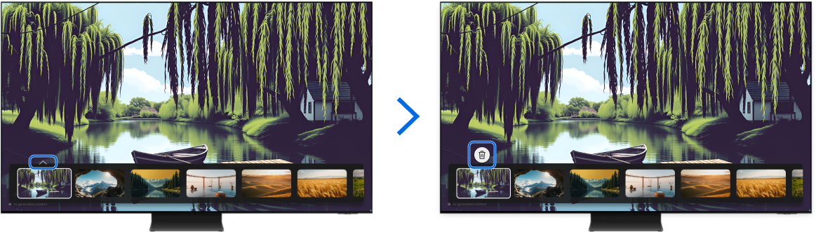 Samsung Smart TV showing a delete icon for the selected image.
