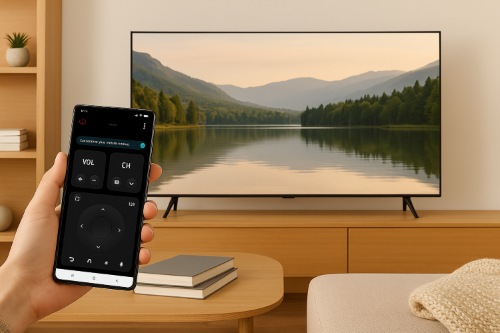 A person using a smartphone as a mobile remote to control a Samsung Smart TV
