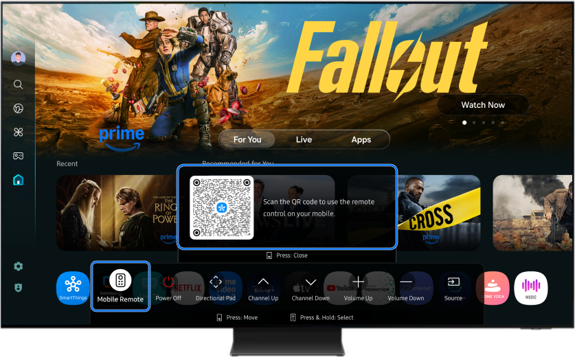 Menu displayed on Samsung Smart TV with Mobile Remote icon highlighted.