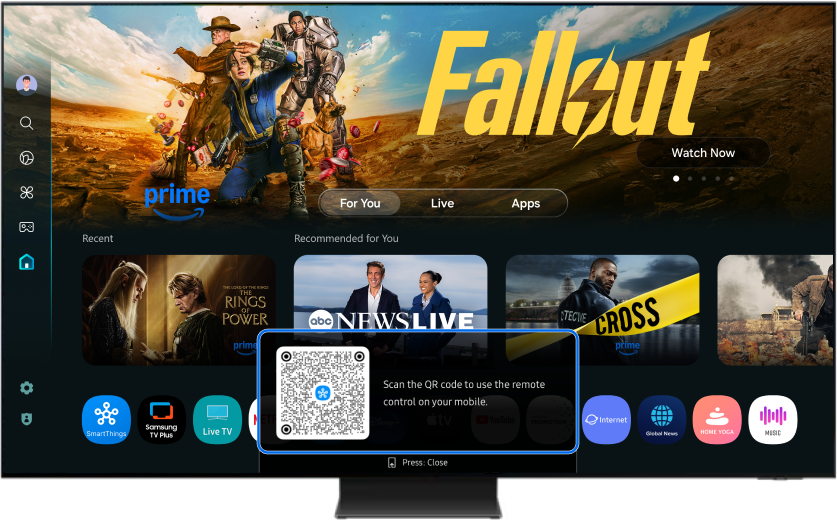 Samsung Smart TV displaying a QR code on screen.
