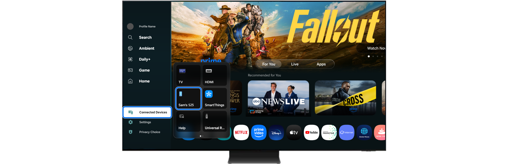 2025 Samsung Smart TV Home screen showing the Connected Devices menu.