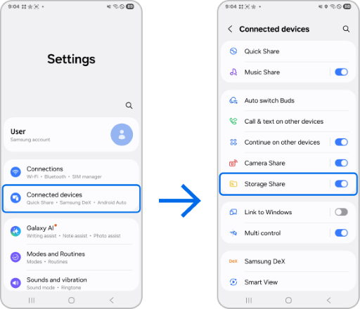Connected devices menu showing the Storage Share turned on.