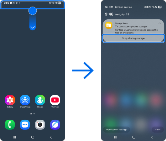 Mobile device notification panel with a “Stop sharing storage” button.