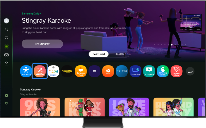 A TV screen showing the Stingray Karaoke home page.