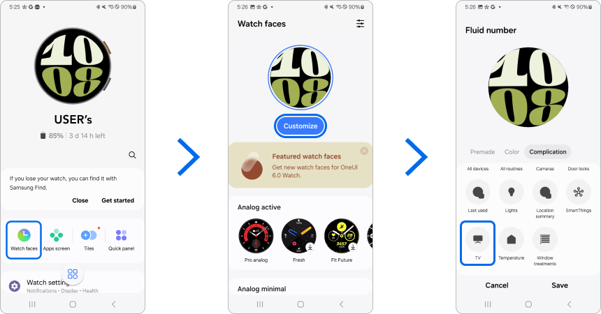 showing 3 steps to set on a mobile device to quick access to Universal Gestures from Galaxy watch