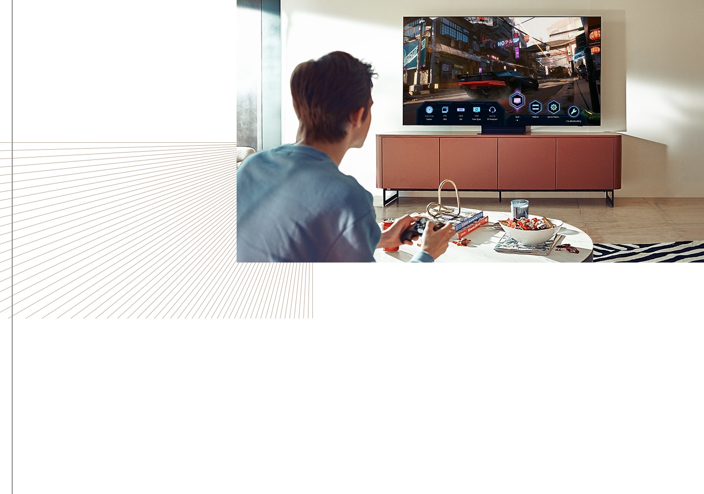 A boy playing video games on Neo QLED Super Ultra-wide view controls Game Bar user interface with a connected game controller.