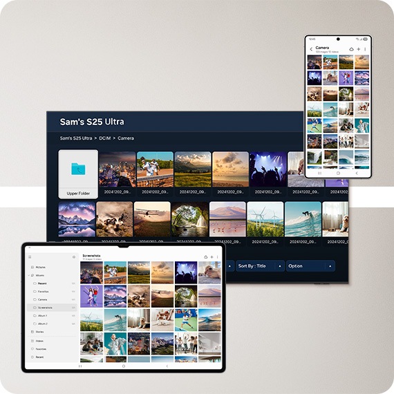 Un téléviseur intelligent Samsung, une tablette Samsung et un smartphone Samsung affichent le même contenu d’une Gallery d’images, grâce au partage de stockage.