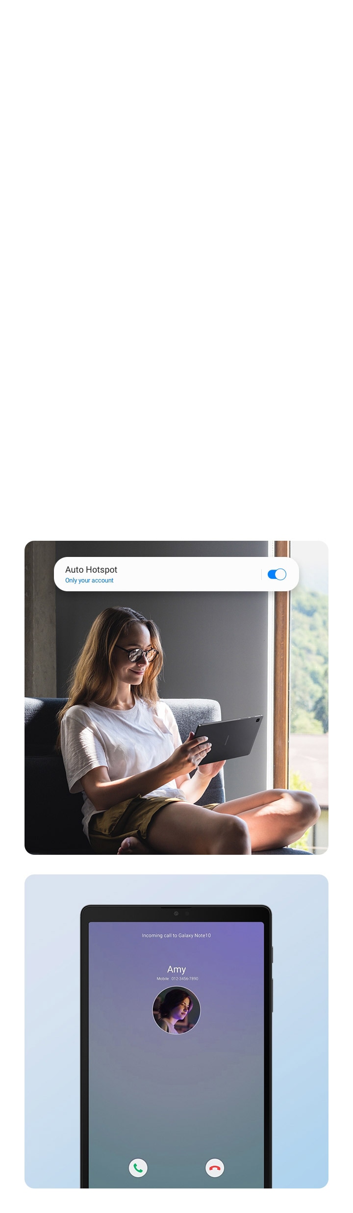 Galaxy Tab A7 Lite ฮอตสปอตเปิดใช้งาน มี Galaxy Tab A7 Lite อีกเครื่องมีสายโทรเข้าแสดงอยู่ในหน้าจอ