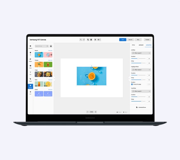 มีหน้าจอ GUI ของ Samsung VXT ที่กำลังสร้างสรรค์คอนเทนต์โปรโมชั่นแสดงอยู่ในหน้าจอของแล็ปท็อป