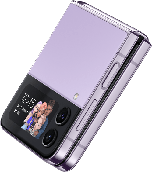 อ่านรีวิว Galaxy Buds2 Pro เพลิดเพลินไปกับความพอดีได้ด้วยหูฟังที่ออกแบบมาตามหลักสรีรศาสตร์ เทคโนโลยีการไหลของอากาศที่พัฒนากว่าเดิม. มุมมองด้านข้างของ Galaxy Flip4 สี Bora Purple