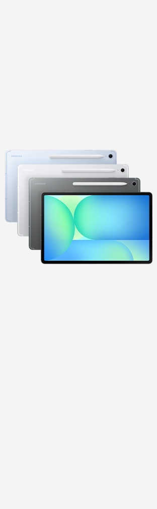Manzara modundaki Galaxy Tab S10+ önden görülüyor ve S Pen, cihazın kızıl renkli duvar kağıdı bulunan ekranına işaret ediyor. Bu cihazın arkasında, onunla hafif çakışan bir şekilde, manzara modundaki Galaxy Tab S10 Ultra duruyor. Ekranında mavi renkli bir duvar kağıdı var.