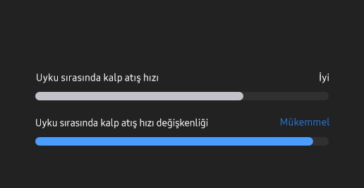 Kalp atış hızının bulunduğu kartta Uyku halindeki kalp atış hızının kalitesi “Good”, Uyku HRV değeri ise “Excellent” ifadeleriyle gösteriliyor.