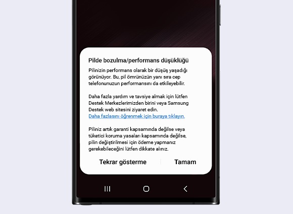 Pil kullanımıyla ilgili uyarı mesajı