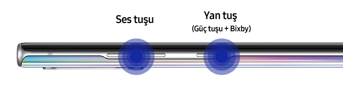 Note10 cihazın sol tarafında bulunan Ses tuşunu ve Yan tuşu gösteren görsel