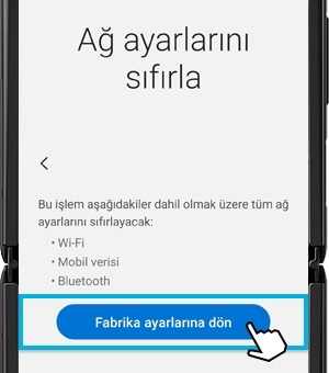 Cihazdaki ağ ayarlarının nasıl sıfırlandığını gösteren ekran görüntüsü.