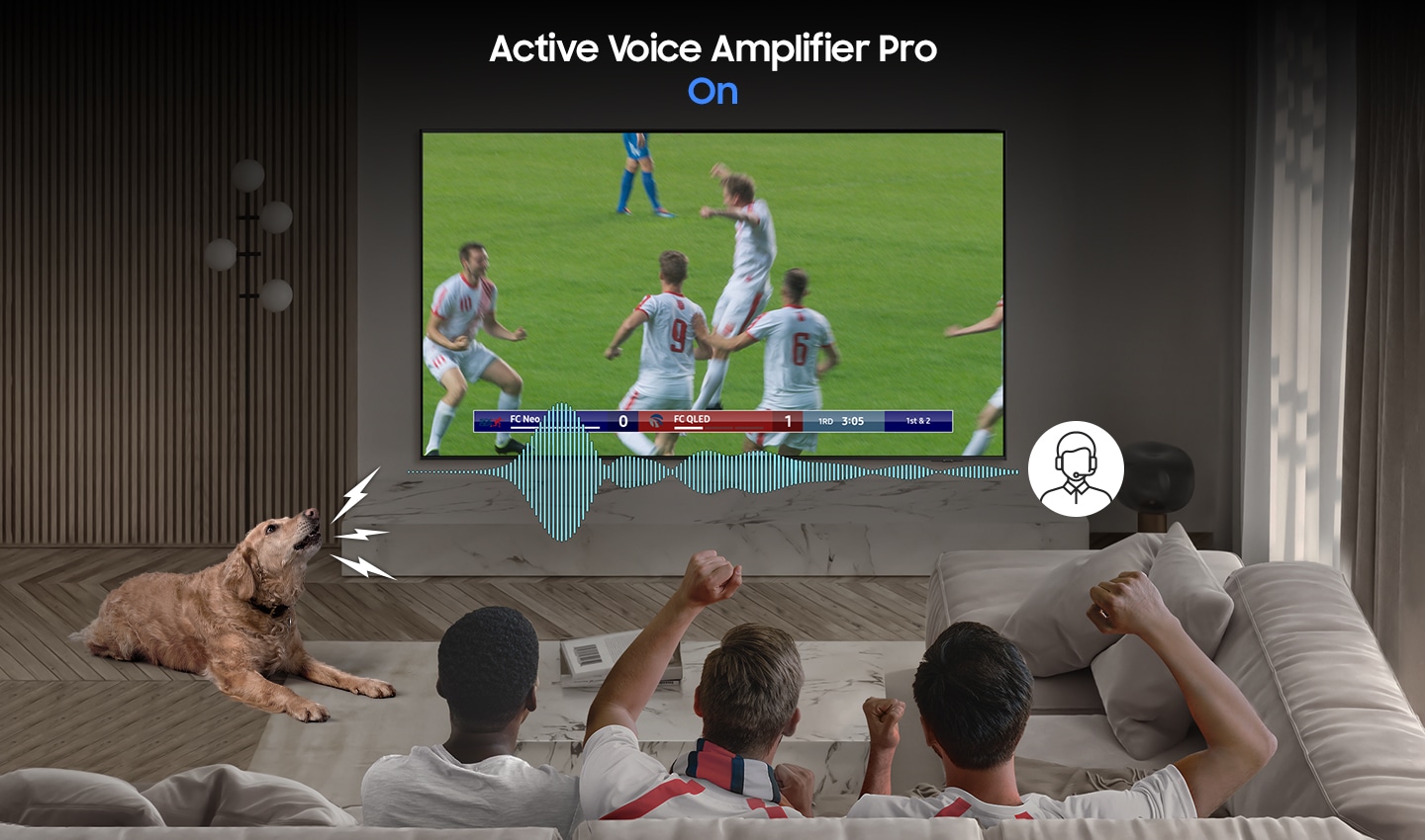 Taraftarlar televizyonda futbol maçı izliyor. Aktif Ses Yükseltici Pro, evdeki köpek gürültüsüne tepki olarak net ses sağlamak için açılıyor.