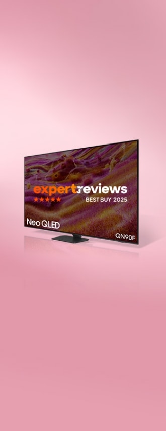 Neo QLED QN90F. Expertreviews BEST BUY 2025 logosu ekranda.