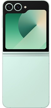 從手機背面觀看初芽綠的 Galaxy Z Flip6。