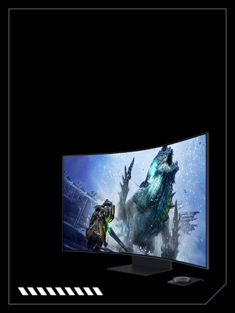 從右側看到一個 Odyssey Ark 電競顯示器,顯示了失落方舟遊戲的遊戲場景。在顯示器下方是一個 Ark Dial 無線旋鈕盤。