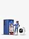 On the left, a large Galaxy Z Fold7 in blue is placed, showing a 3D character of a daughter on a video call with her mother. In front of it, the back view of a female character in a running clothes is seen, waving to her mother on the call while facing the Galaxy Z Fold7. At the center of the phone’s screen, the mother’s face is displayed, with a small window at the top left corner showing the daughter’s face. At the bottom right, next to the female character, a Bespoke Jet Bot Combo AI is placed.