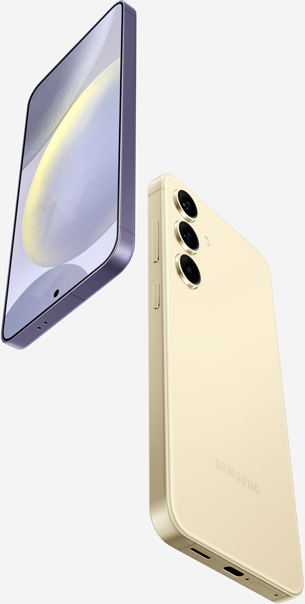 展示鈷藤紫的 Galaxy S24+ 手機正面，以及琥珀黃的 Galaxy S24 手機背面。
