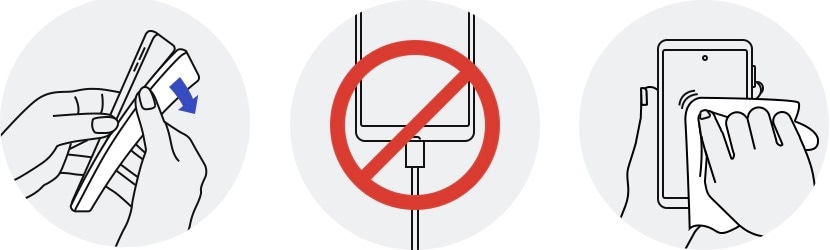移除手機外殼及充電線後輕輕擦拭手機外表的示意圖。