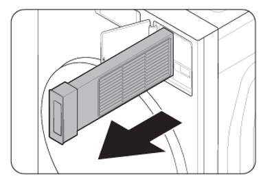 1. 打開棉絮濾網蓋。 2. 拉出棉絮濾網。示意圖