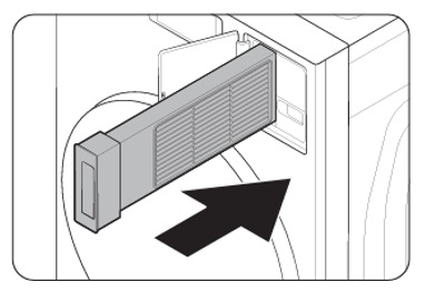 5. 將內部濾網依正確方向放入外部濾網。 6. 將組裝好的棉絮濾網裝回原位。示意圖