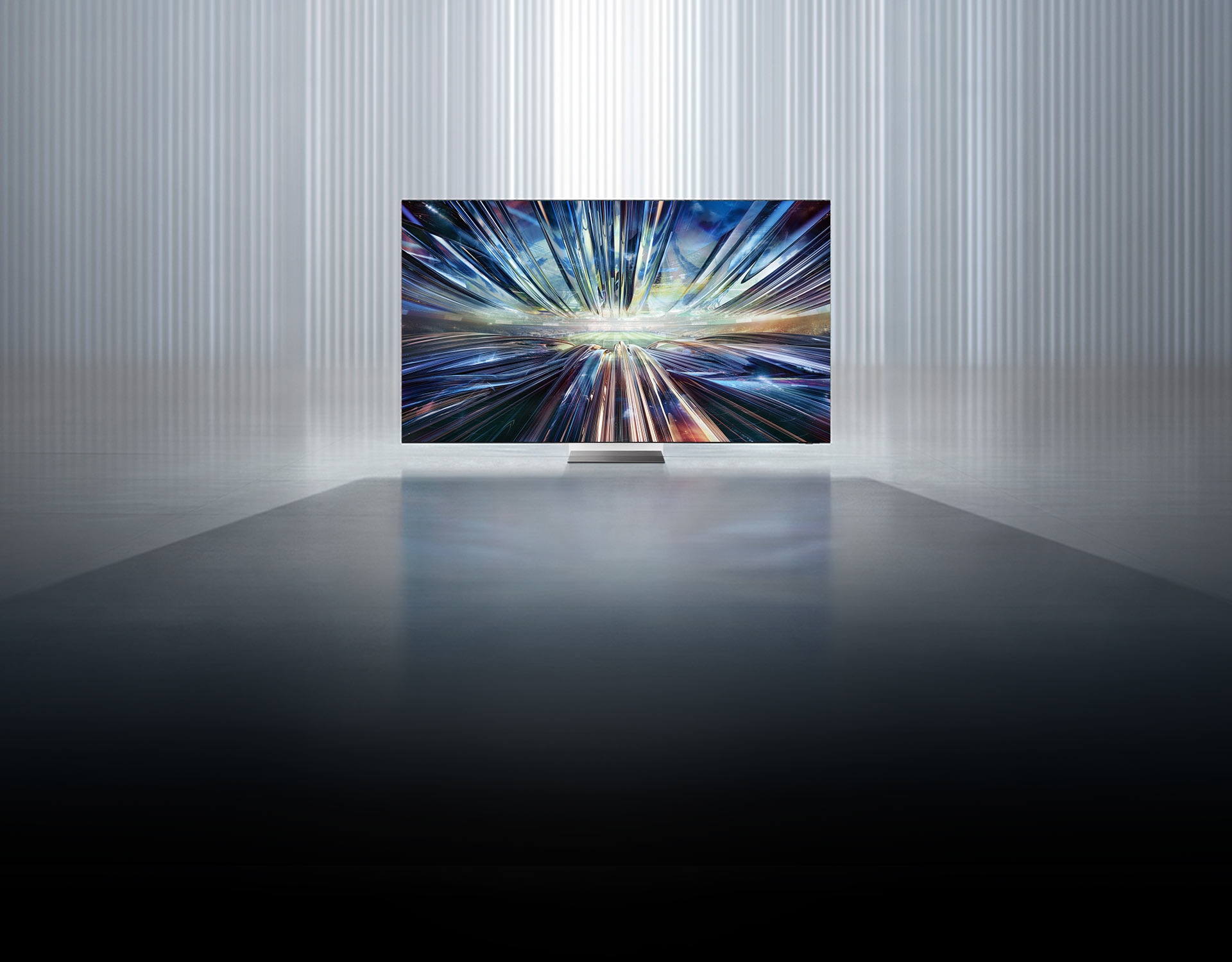 2024 Neo QLED 智慧顯示器在螢幕上顯示鮮豔明亮的色彩，極致纖薄的螢幕彷彿漂浮在半空中。