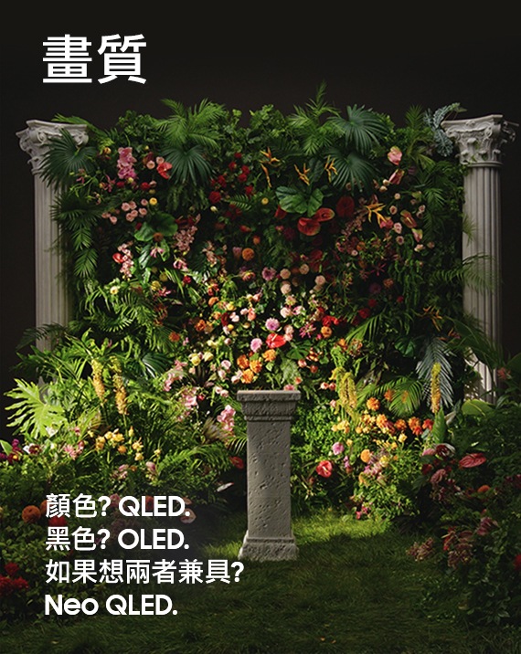 一幅繽紛花卉點綴的背景畫面置中展開,象徵卓越的畫質呈現;中央則矗立著一件石雕藝術品作為視覺焦點。畫面下方顯示文字:「色彩?選 QLED。純黑?選 OLED。若你全都想要?選 Neo QLED。」