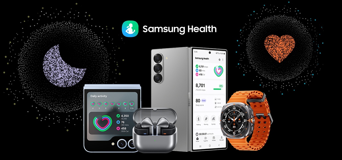 Galaxy Z Flip 6、Galaxy Buds3 Pro、Galaxy Z Fold 6 和 Galaxy Watch Ultra 組合在一起,上方有「Samsung Health」文字。睡眠追蹤和心率追蹤的大型應用程式圖示懸停在裝置上。
