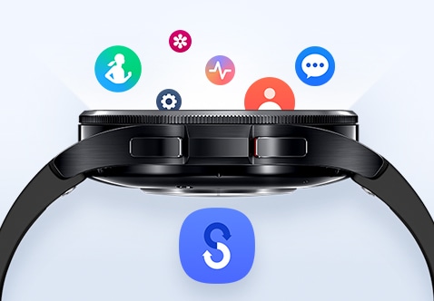 一支 Galaxy Watch6 Classic 手錶錶面朝上的側面圖,不同的應用程式圖示落入手錶螢幕,表示資料進行傳輸。手錶下方是 Smart Switch 應用程式圖示。