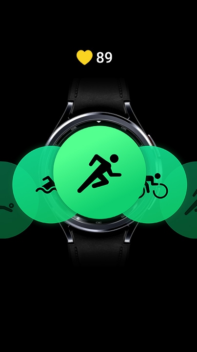 Galaxy Watch6 Classic 手錶上看到不同的運動圖示,說明有多種運動模式可供選擇。手錶上方會顯示一個心形圖示和數字 '89',指出運動期間的心率。
