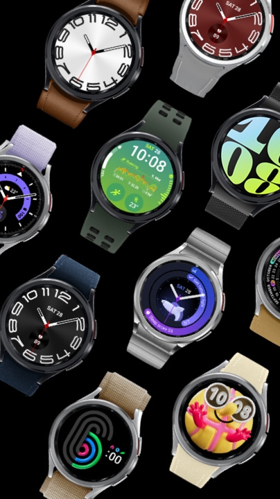多款搭配不同錶帶的 Galaxy Watch6 Classic 手錶,螢幕顯示不同的錶面。