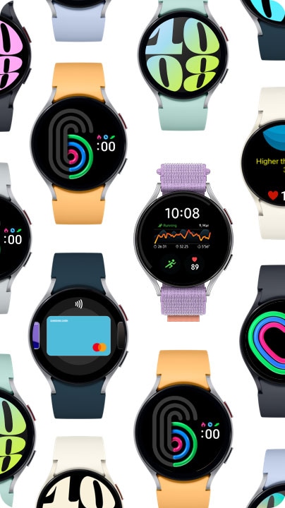 多款搭配不同手錶帶的 Galaxy Watch 6 手錶,螢幕上顯示著不同的畫面。