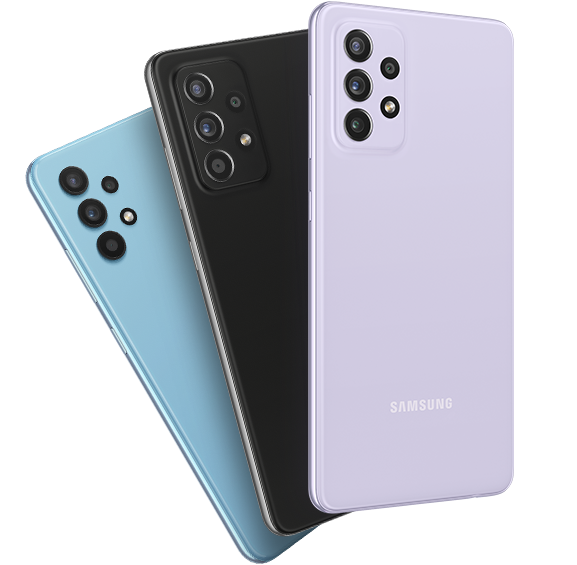 Four Galaxy A52 phones in Awesome White, Awesome Black, Awesome Violet and Awesome Blue fanned out and seen from the rear.