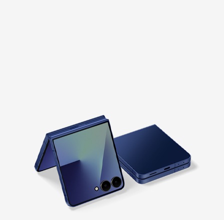 Two Blue Shadow Galaxy Flip7 devices, one partially open and one closed