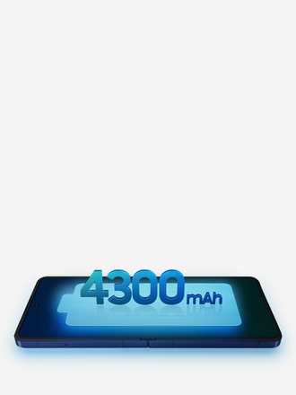 Galaxy Flip7 is seen folded from the cover screen with a battery icon on top. The battery size is 4300 milliampere hours.