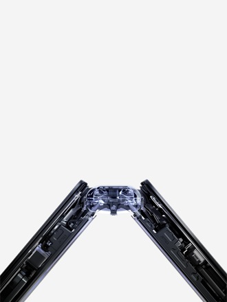 Close up of Galaxy Fold7's FlexHinge when the device is slightly folded in the style of an x-ray to show the mechanics of the hinge.